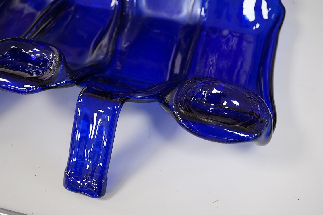 A Mary Canny six sectioned blue bottle art glass tray, 36.5cm deep x 51cm wide
